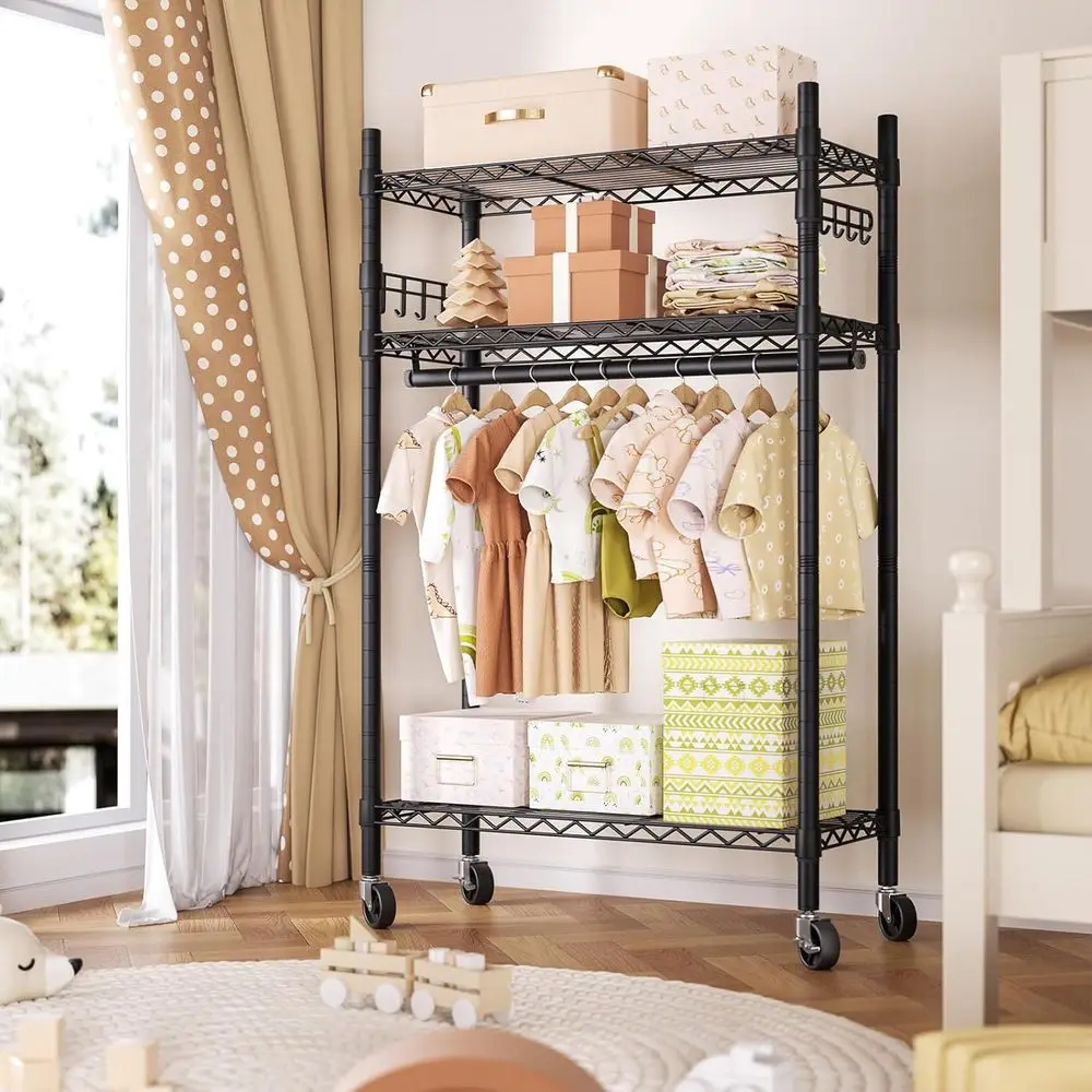 Portable 3-Tier Adjustable Rolling Garment Rack with Hanger Rod and Side Hooks for Clothes Storage