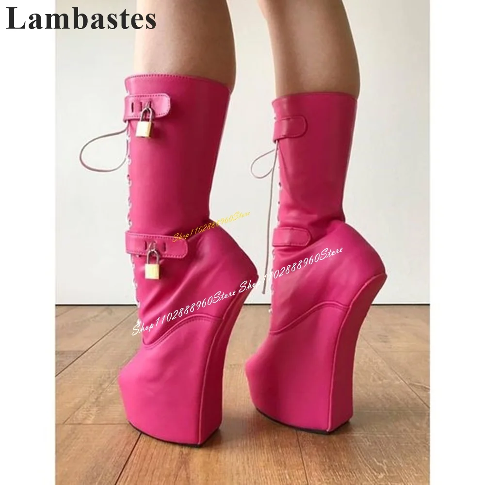 Western Mid Calf Cross Tied Rose Red Platform Lock Boots High Heel Women Shoes Lace Up Round Toe 2024 Sexy Zapatos Para Mujere