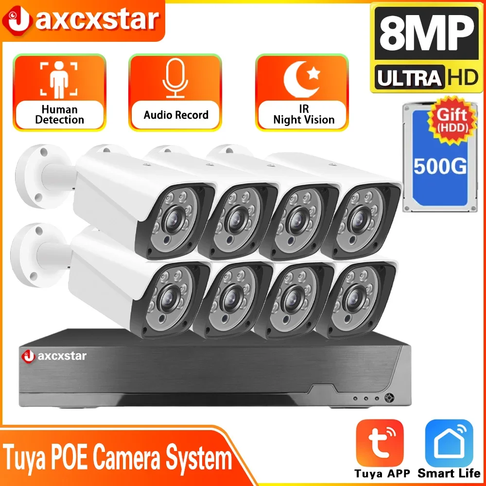 

8CH 4K Tuya POE NVR Security System 8MP/5MP Outdoor CCTV Camera Audio Record Human Detect Security Protection Surveillance Kit