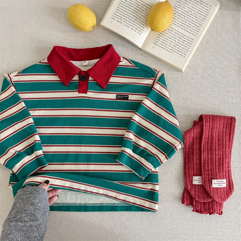 2025 Spring Autumn Fashion Children Clothes Girls Long Sleeve Striped T-shirt Boys Cotton Casual Tops 1-6 Years Kids Polo Shirts