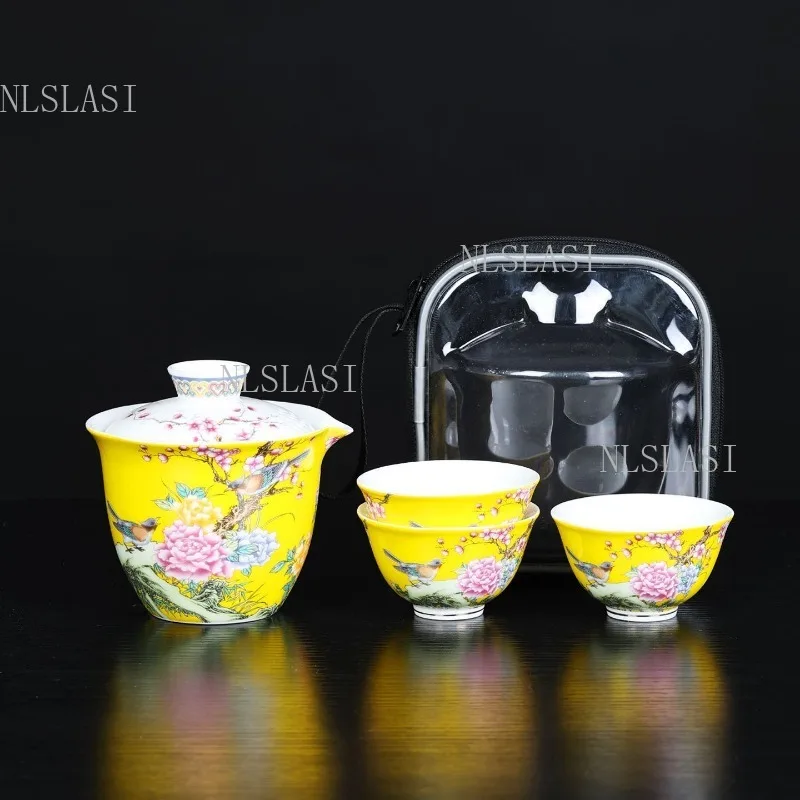 Portable Travel Kung Fu Tea Set Yellow Famille Rose Porcelain Gaiwan 3pcs Teacups Flower and Bird Pattern Tea Kit with Carry Bag