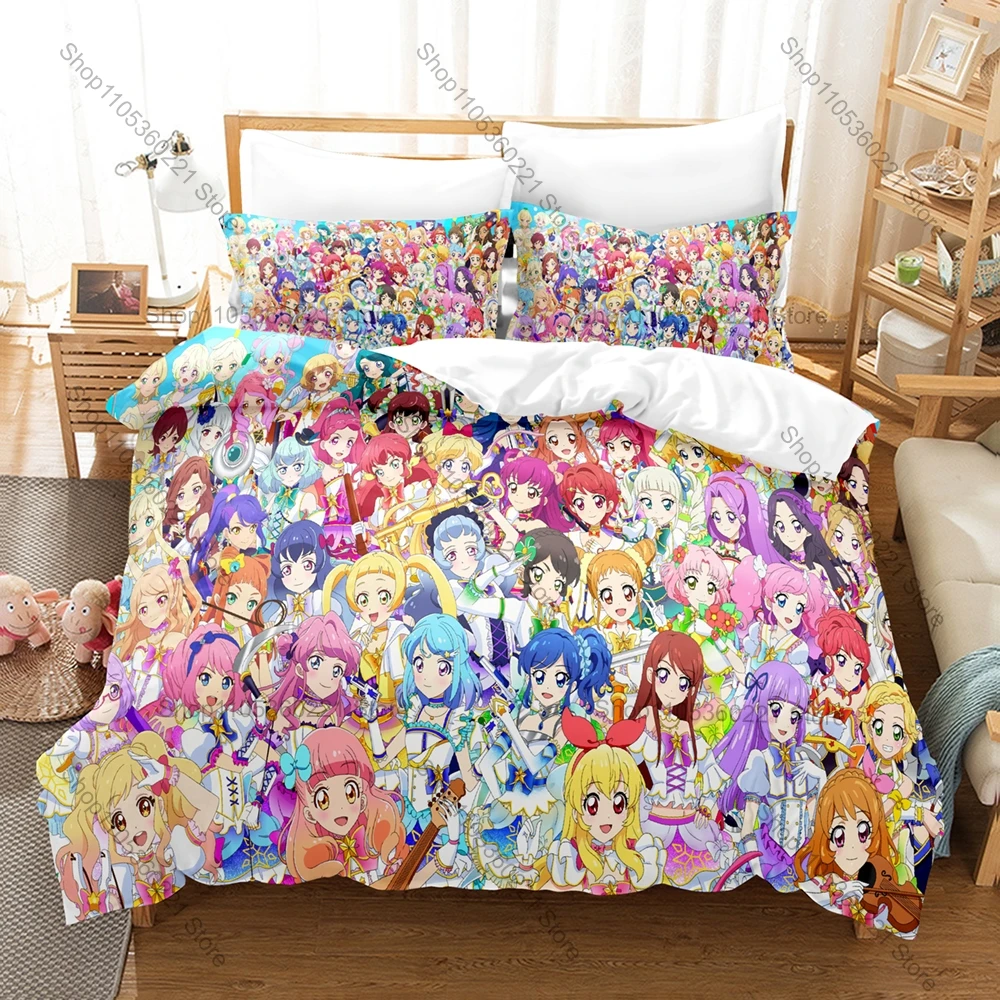 Aikatsu! Anime Bedding Set 3PCS Soft Microfiber Duvet Cover Pillowcases Cute Idol Printed Bed Set for Kids Girls Bedroom Decor