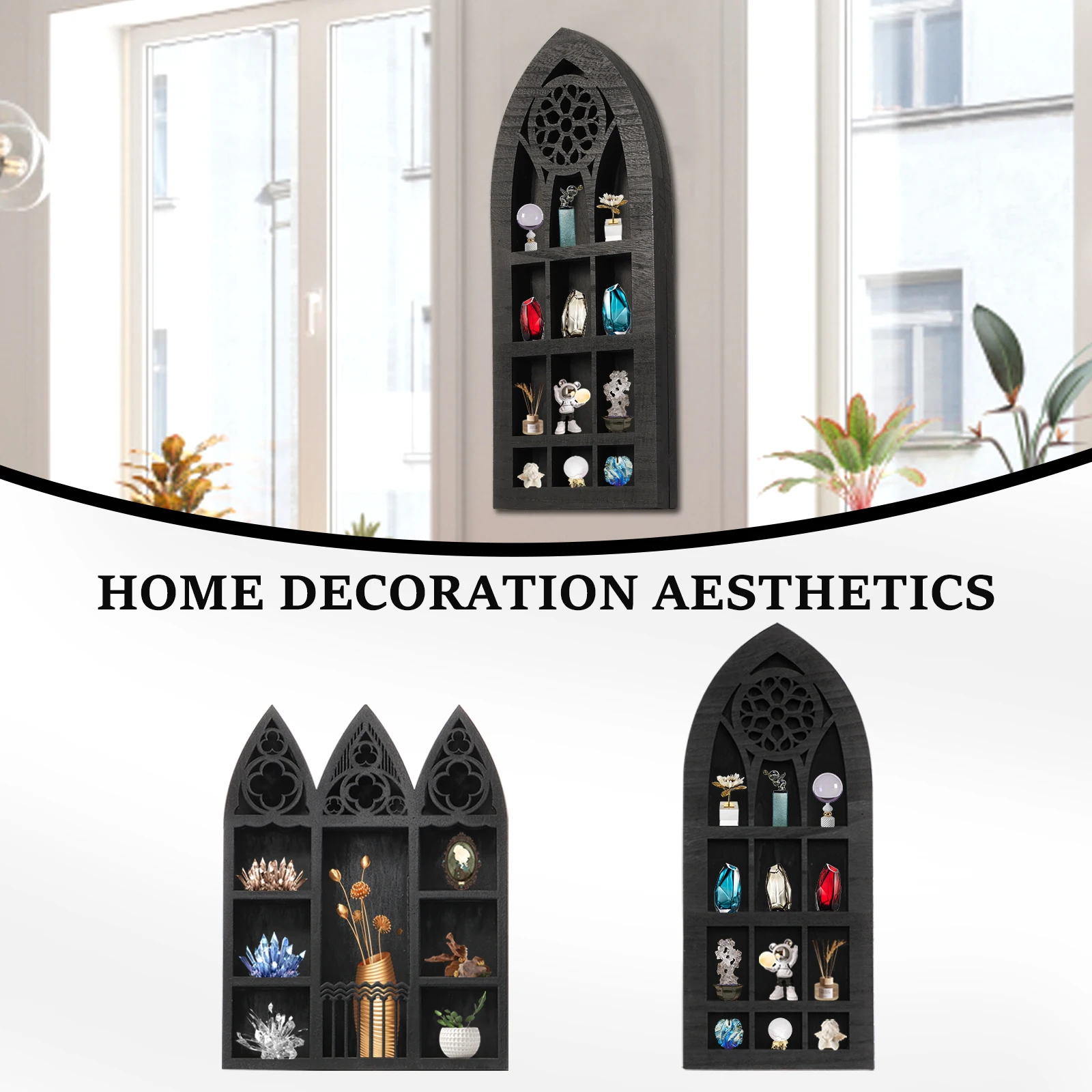 3-in-1 Gothic Window Crystal Shelf Wooden Wall Mounted Gem Stone Display Rack Essential Oil Storage Holder for Home Living Room