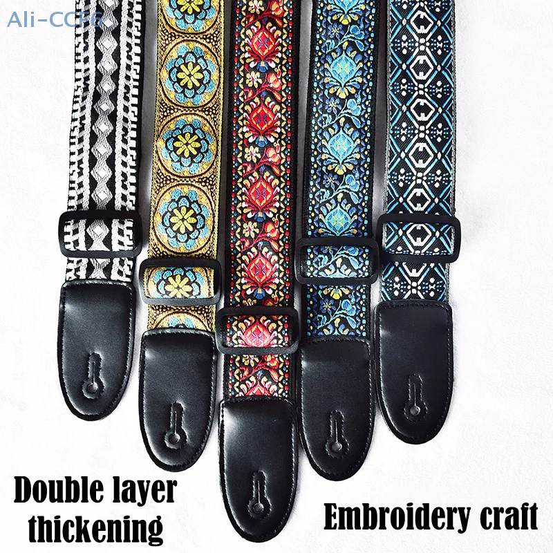 Embroidered Print Guitar Strap Vintage Ethnic Style Adjustable Strap For Folk Electric Guitar Bass Ukulele Guitar Accessories