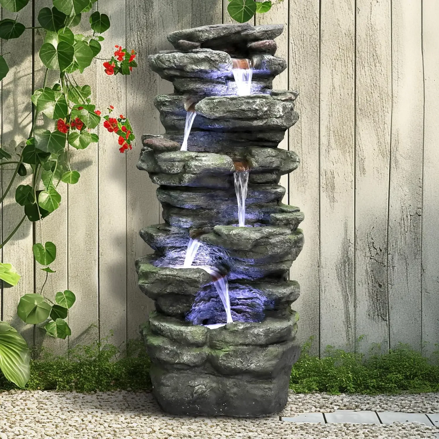 40" High 6-Tiers Cascading Rock Outdoor Water Fountain with LED Lights Yard, and Deck Decor, Featuring Natural Stone Look