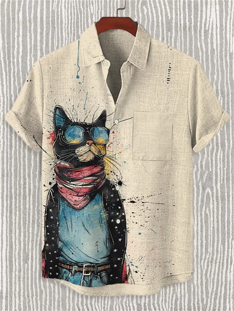 新しいメンズリネンヘン3D桜アニマルプリントシャツ半袖シャツハワイアンメンズファッショナブルカジュアルトップ