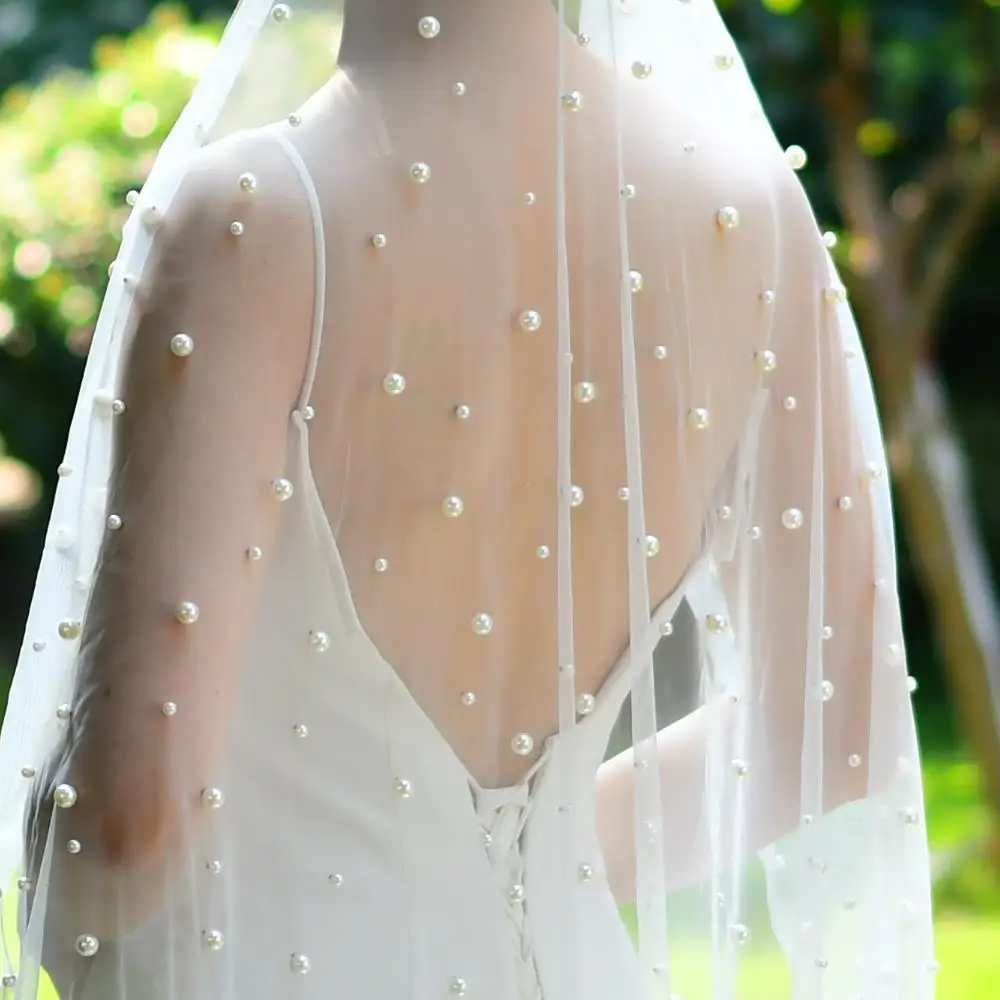 TOPQUEEN Perlen Hochzeit Schleier 1 Tier Soft Bridal Veil Beaded Hochzeit Zubehör 3M Kathedrale Länge Schleier für Braut Elfenbein v176 – Detail 4