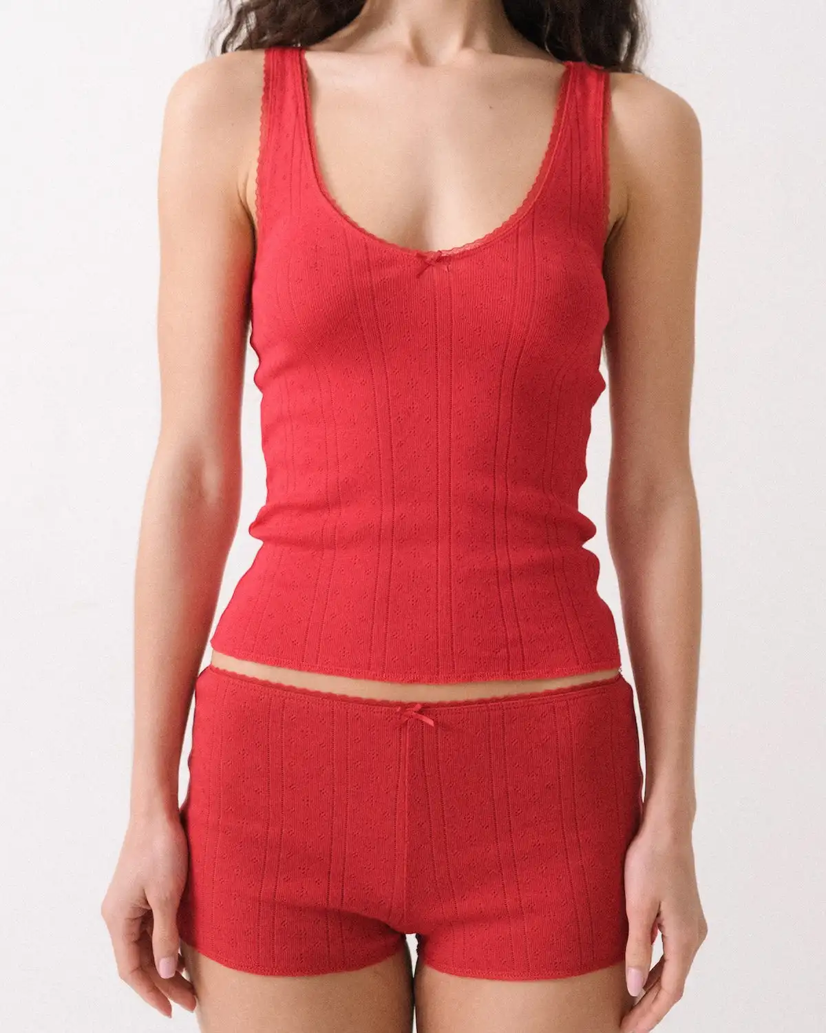 COU Cherry Red Lace Trim V-Neck Backless Top, Custom Dyed Pure Cotton Jacquard Comfort Fabric