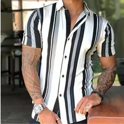 Hawaiian Men Summer Casual Floral Korean Social Retro Shirt Geometric Print Short Sleeve Button Top Loose Sale Big Plus Size