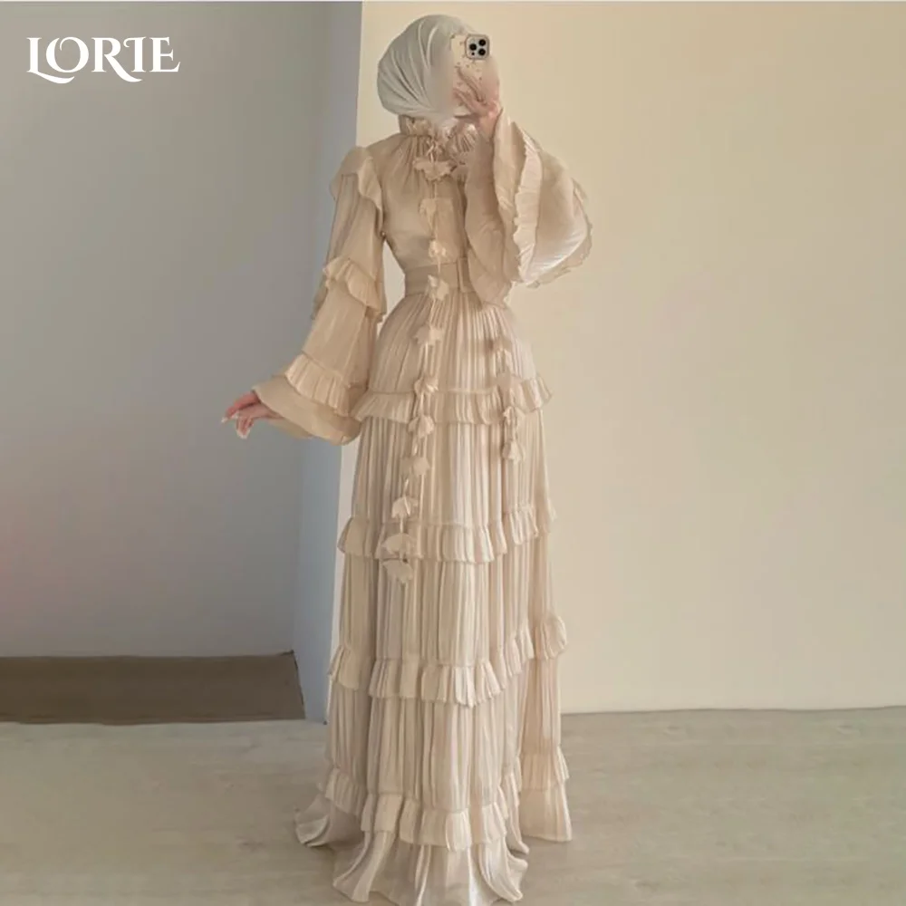 

LORIE Lace Saudi Party Dress High Collar Shiny Puff A-Line Evening Dress Prom Dress Chiffon Illusion Party Gown Club Customized