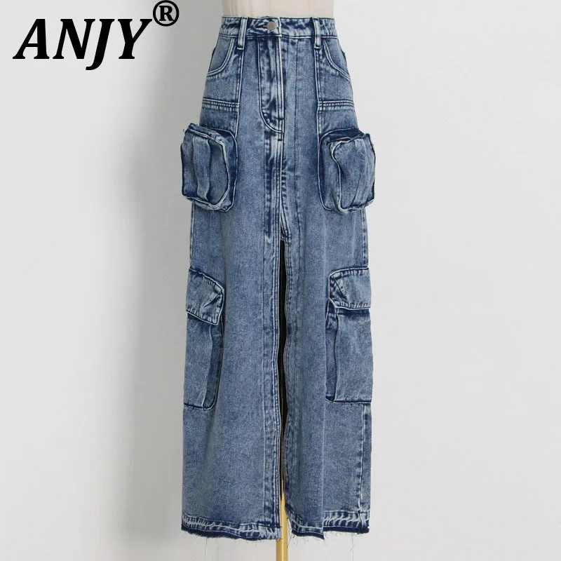 

ANJY, новая летняя женская уличная одежда, стильная повседневная джинсовая юбка в стиле сафари Y2K с разрезом спереди и несколькими карманами, прямая джинсовая юбка A8054