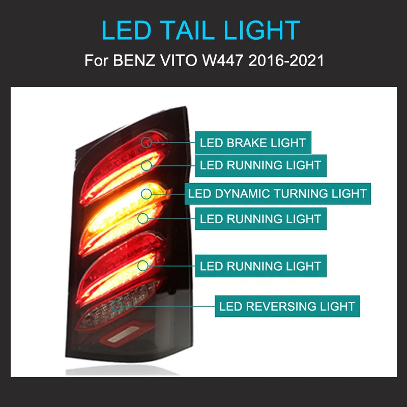 1 زوج مصباح ليد خلفي الجمعية لبنز فيتو W447 2016-2021 الضوء الخلفي التوصيل والتشغيل مع LED الديناميكي تحول أضواء خلفية