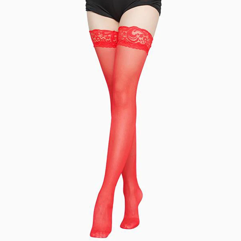 1Pair Women\'s Sexy Stocking Sheer Lace Thigh High Stockings Nets For Women Female Stockings Pink Purple Skin Red