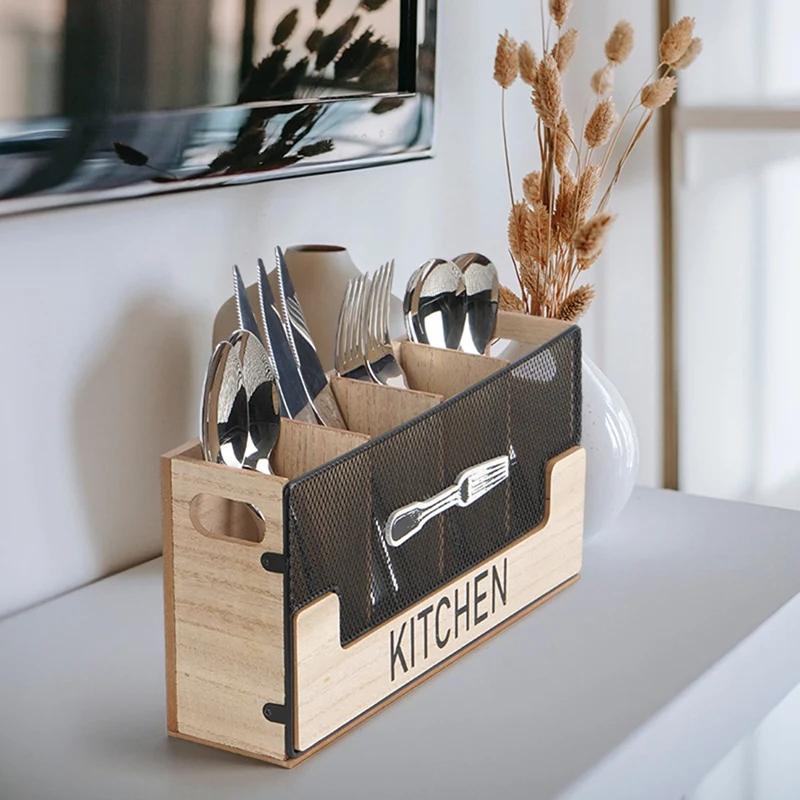 Kitchen Counter Utensil Holder Metal Paired With Wood Flatware Organizer 4 Compartments For Spatula Crock Cutlery