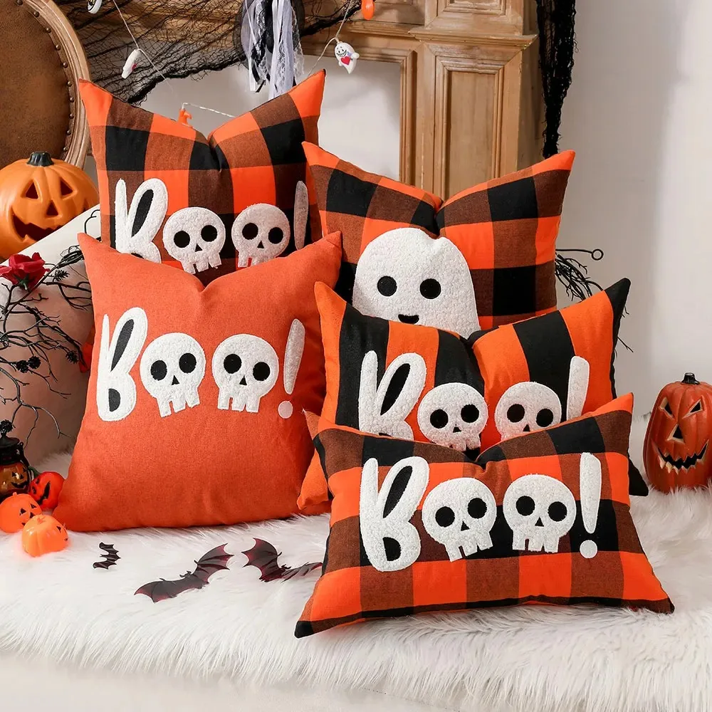 

Halloween Decor Ghost Pillowcase Plaid Cushion Cover Embroidery Throw Pillow Cover for Sofa Couch Home Party Decoration