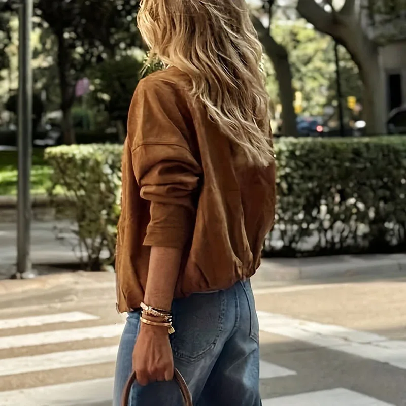 

Women Fashion Commuting Outwear Simple Solid Color O-neck Long Sleeved Autumn Winter Coat Casual Streetwear Zipper Loose Jacket