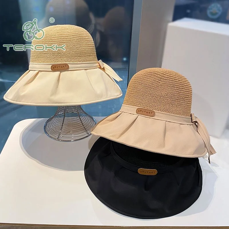 Sombrero de cubo versátil con protección UV para mujer, sombreros de sol de playa de ala ancha grande, lazos de viaje al aire libre, gorras de Panamá, gorras de cola de caballo