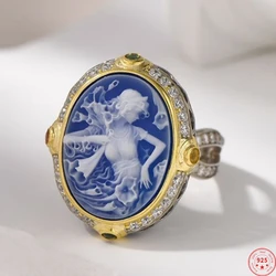 S925 Sterling Silver Rings for Women New Fashion Blue Agate White Shell Full Zircon Beauty Relief Portrait Jewelry Wholesale
