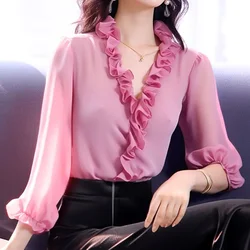 Korean Summer Chiffon 3/4 Sleeve Tops Ladies Fashion Patchwork Ruffles Pullovers Women's Clothing 2024 New Sweet V-neck T-Shirts