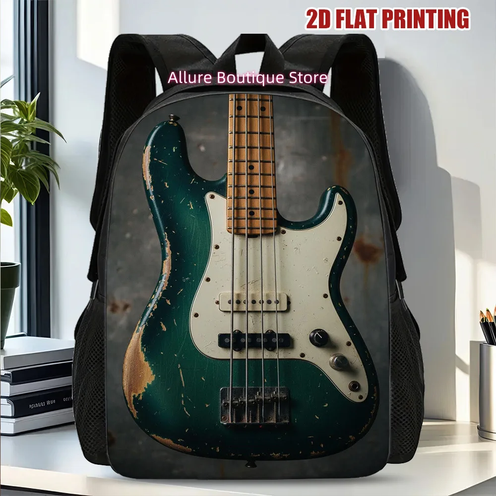 1pc Vintage Electric Bass Guitar Backpack with Bass Print - Lightweight Zipper Closure Suitable for School, Work, Travel & Music
