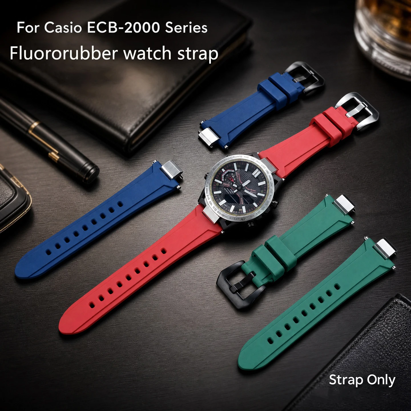 For Casio ECB-2000/HR/YCB EFS-S641TMS Series Modified Fluororubber Watchband Men's Waterproof Bracelet with Metal Adapter Strap