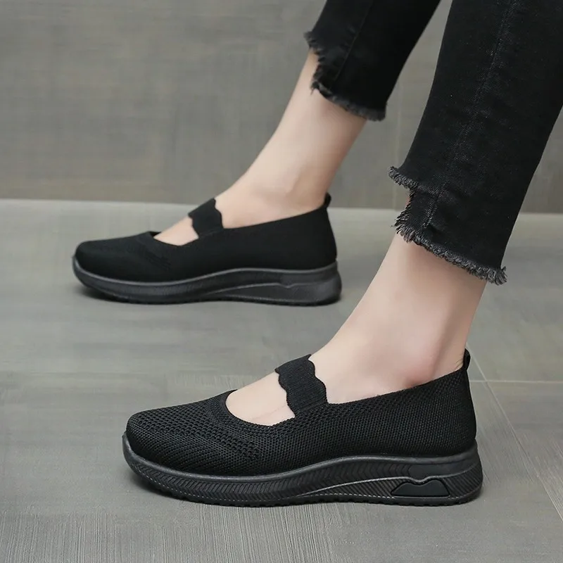 2024 new women Sneaker flat Mesh Knitted slip on mary janes breathable comfort casual design walking black Foam casual shoes