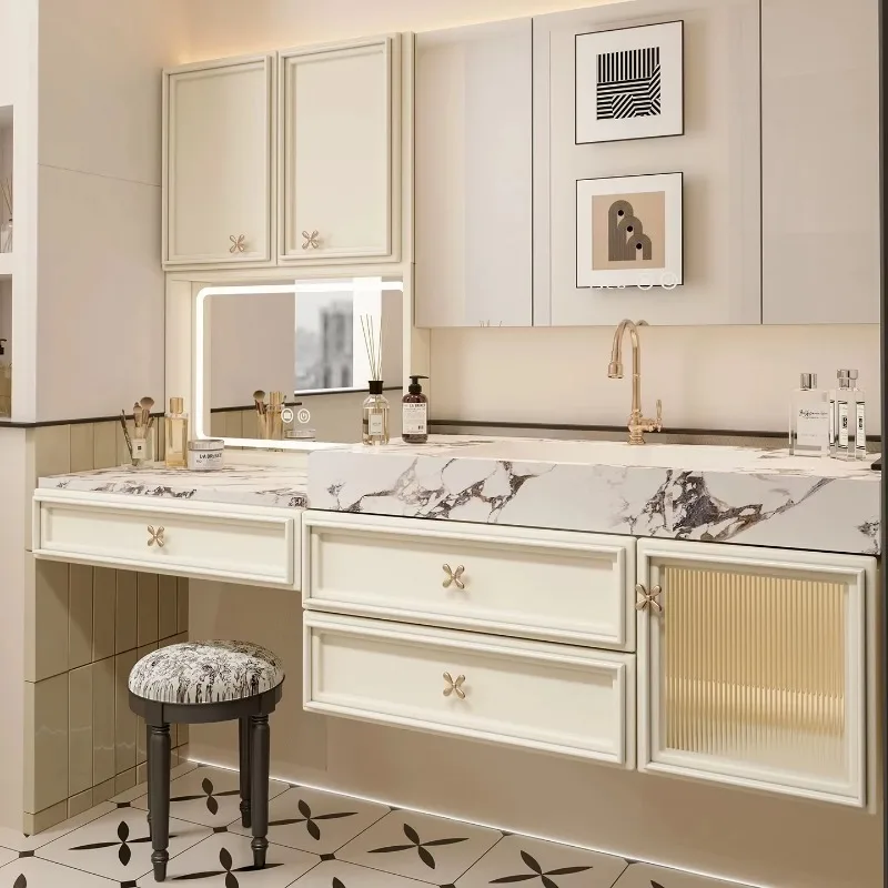 Modern French-Style Water Resistant Villa Bathroom Vanity Dressing Table Set Wall-Mounted Smart Mirror Eco-Friendly Ceramic