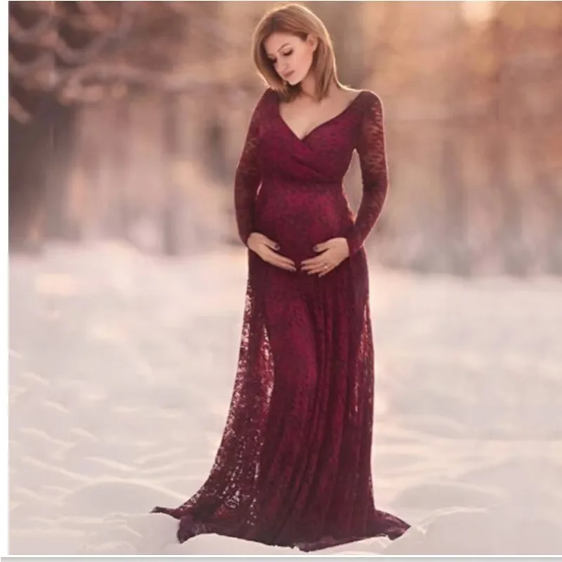 Sexy Maternity Photography Evening Gown Deep V-Neck Long Sleeve Lace Dress Elegant & Comfortable for Pregnancy