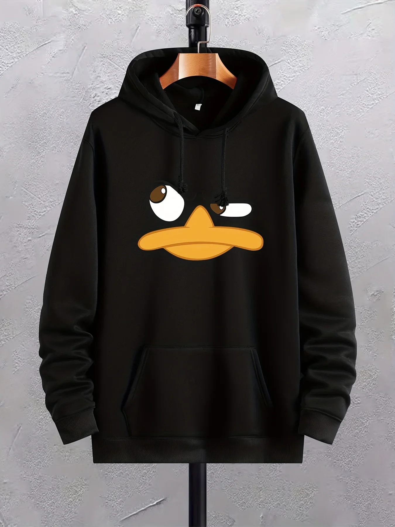 Men's cartoon duck print hooded sweatshirt, kangaroo pocket graphic hooded sweatshirt, fashionable lace hoodie, comfortable