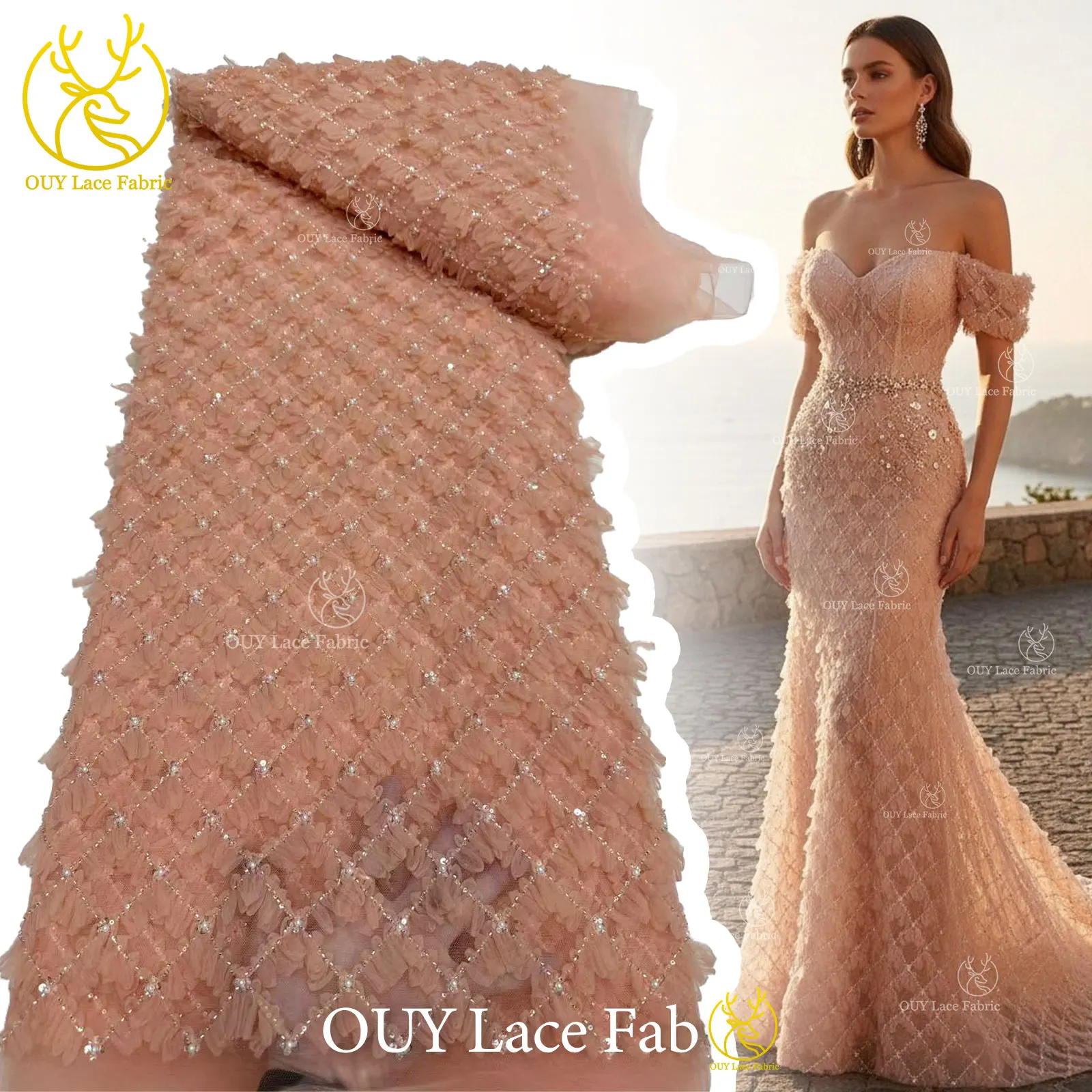 

Fashion French 3D Tulle Sequins African Lace 2026 Luxury Nigerian Beaded Lace Fabric for Bridal Wedding Party Evening Gowns