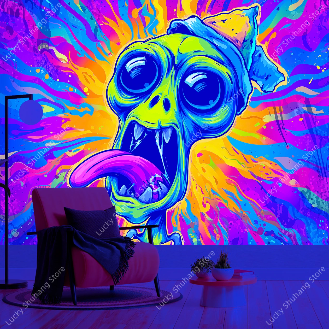 Vivid Green Fantasy Creature UV Tapestry with Big Blue Eyes and Colorful Splatter Art Wall Hanging for Playful Room Office Decor