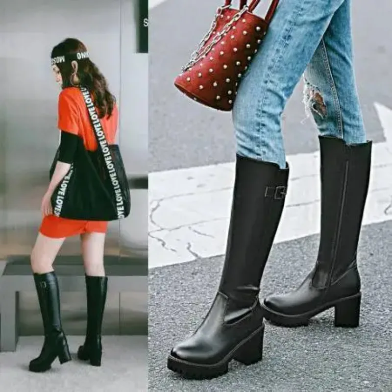 2025 Winter Platform Knee High Boots Women Fashion Round Toe Warm Long Boot Thick Heel Woman Shoes Large Size 43 Bottes Femmes