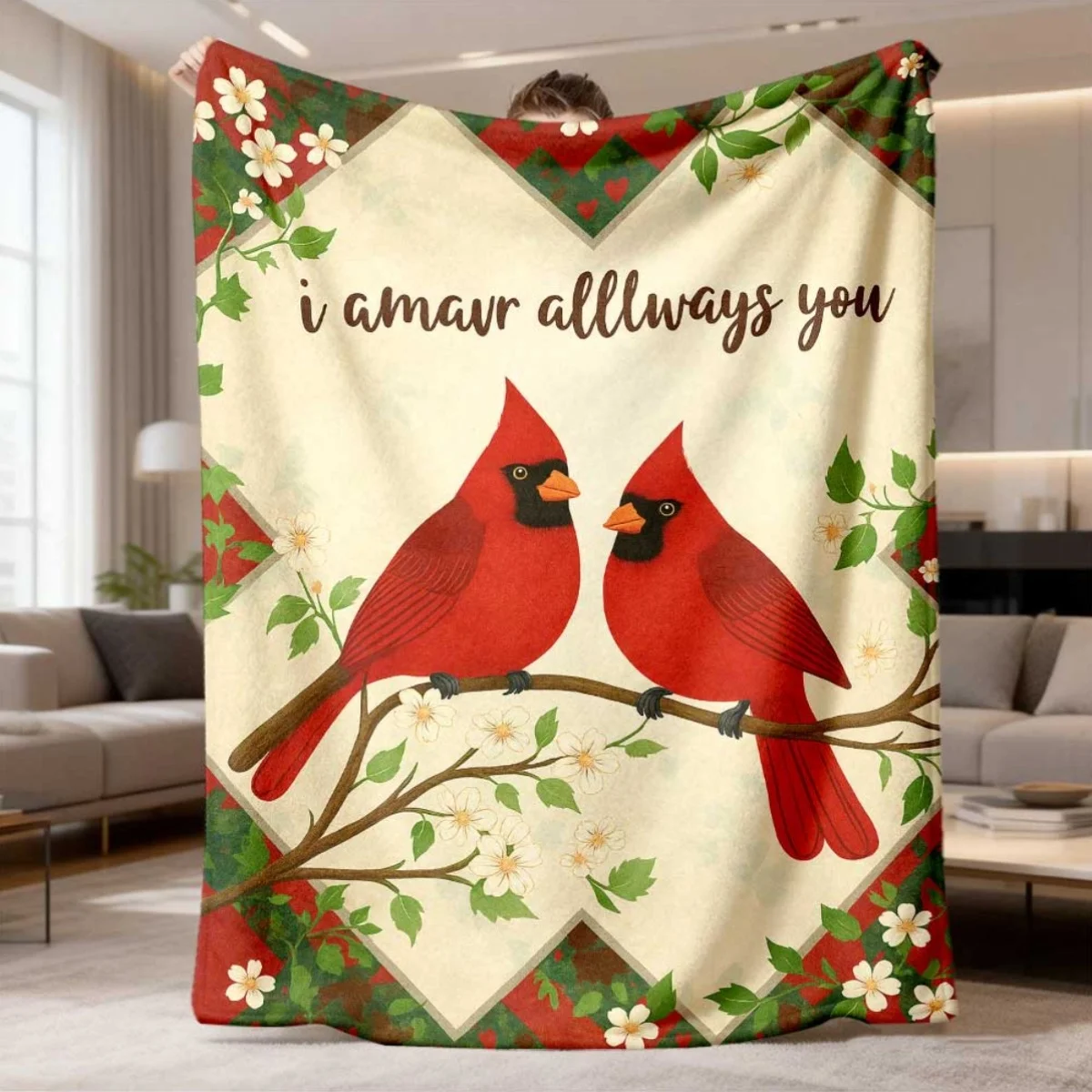 Two Red Cardinal Floral Quote Throw Blanket for Living Room Sofa Daily Use Birthday Anniversary Warm Family Gathering Present