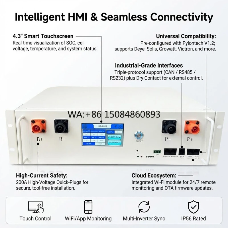 Smart Solar Energy Storage System 1000V High Voltage 4.3 Inch Touch Screen IP56 CAN/RS485/RS232 Remote