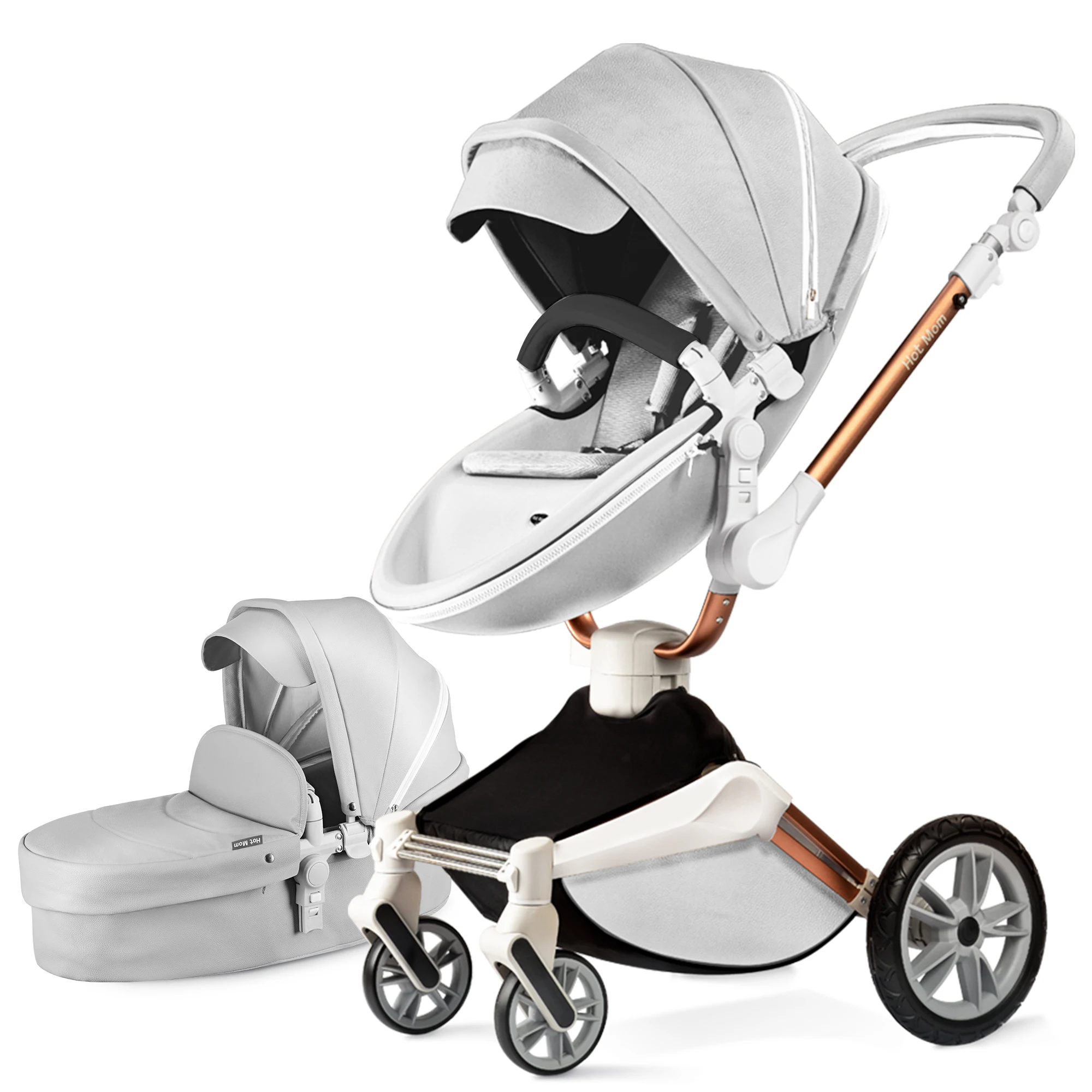 Hot Mom F023 Baby Stroller 2 in 1,Rotates 360 Degrees,PU Leather, Mosquito Net, Rain Cover, Adapter, Cup Holder, large wheels