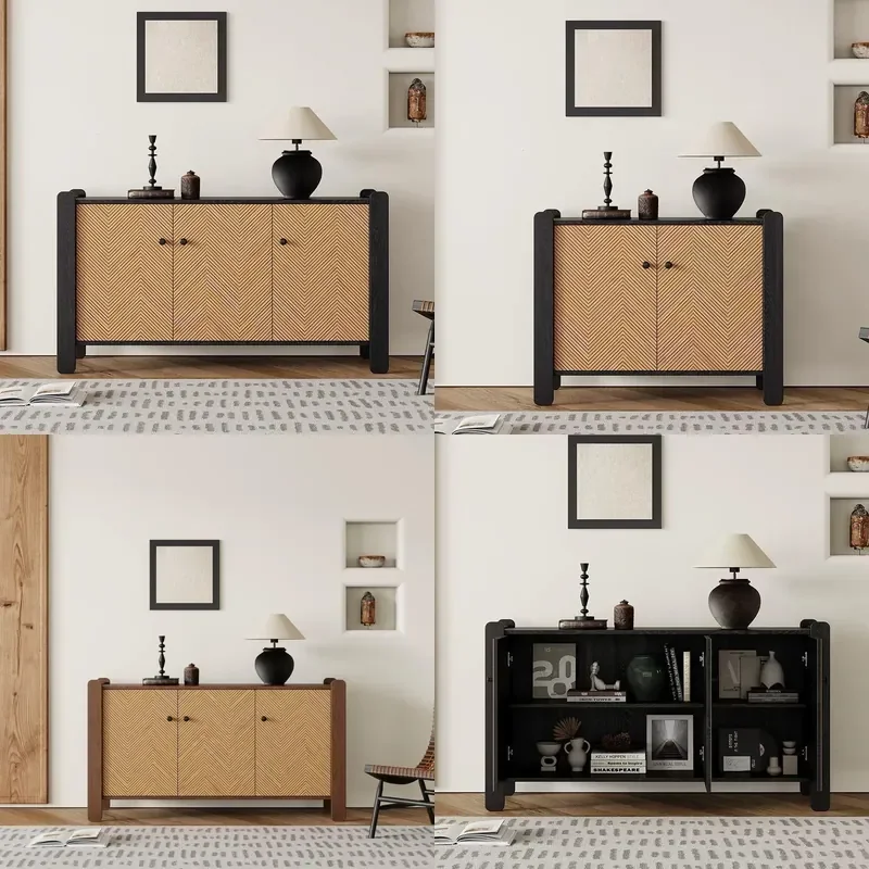 Retro Solid Wood Sideboard French Medieval Bamboo Art Storage Cabinet for Foyer Porch Bedroom Landing Area
