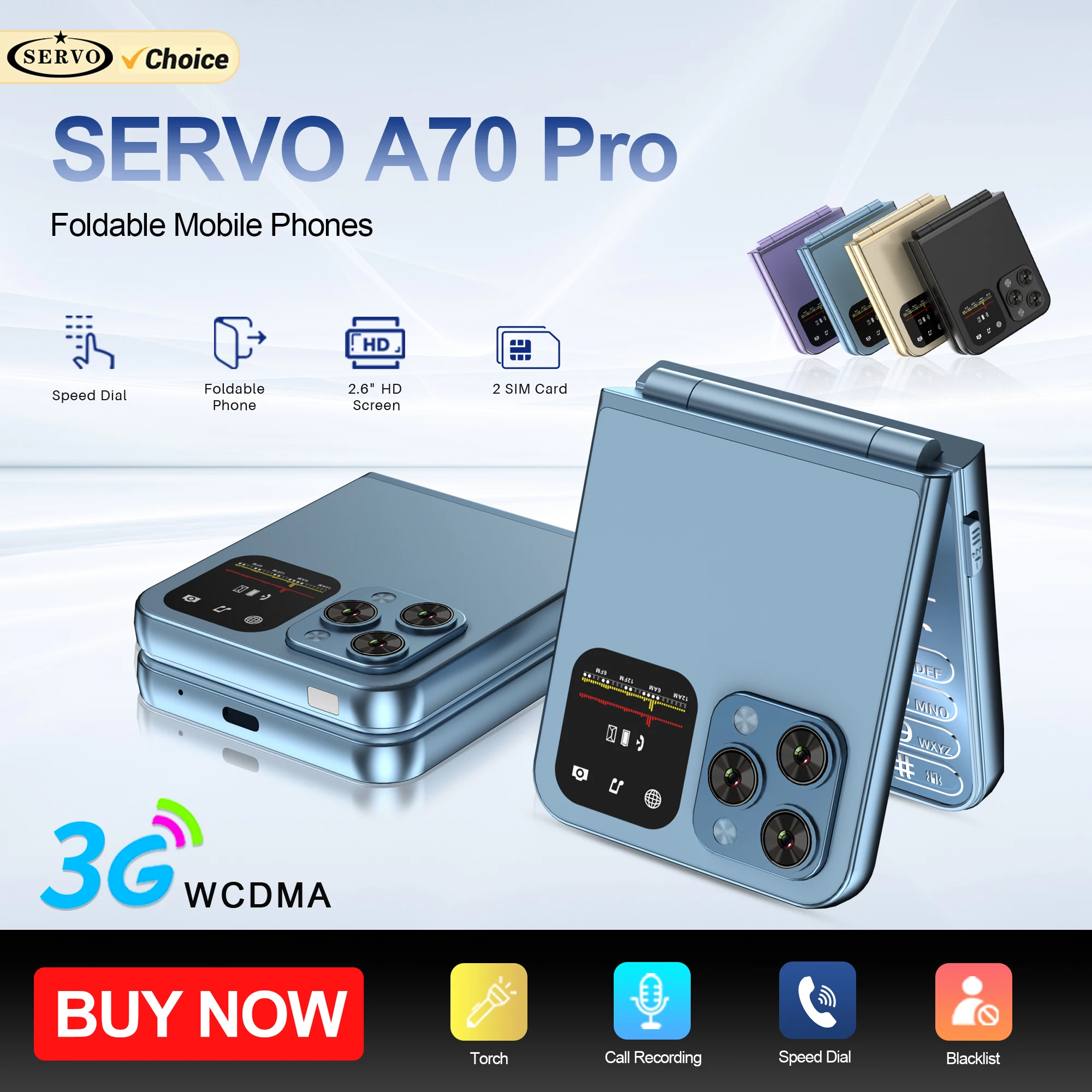 SERVO A70 PRO 3G Foldable Mobile Phone Dual SIM Standby Speed Dial Call Recording MP3 FM Radio Torch Folding Button Cellphones