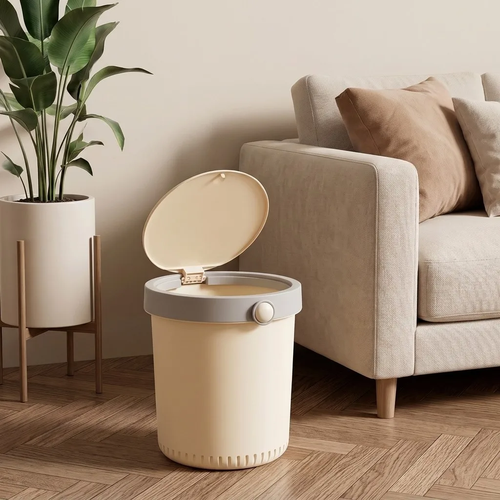 Beige Plastic Trash Can with Lid Push Button Round Wastebasket Odor-Proof Bathroom Kitchen Garbage Bin Desk Bedroom Dustbin