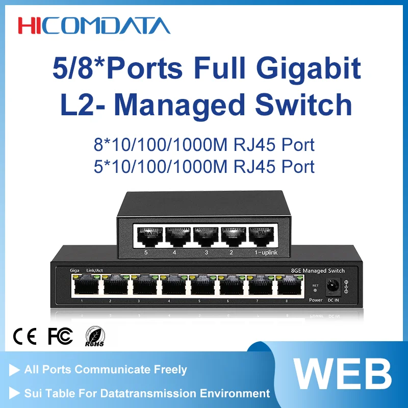 

HICOMDATA 1000M Switch Ethernet Internet Gigabit Desktop Network 5 Ports 8-port Rj45 Managed Swich