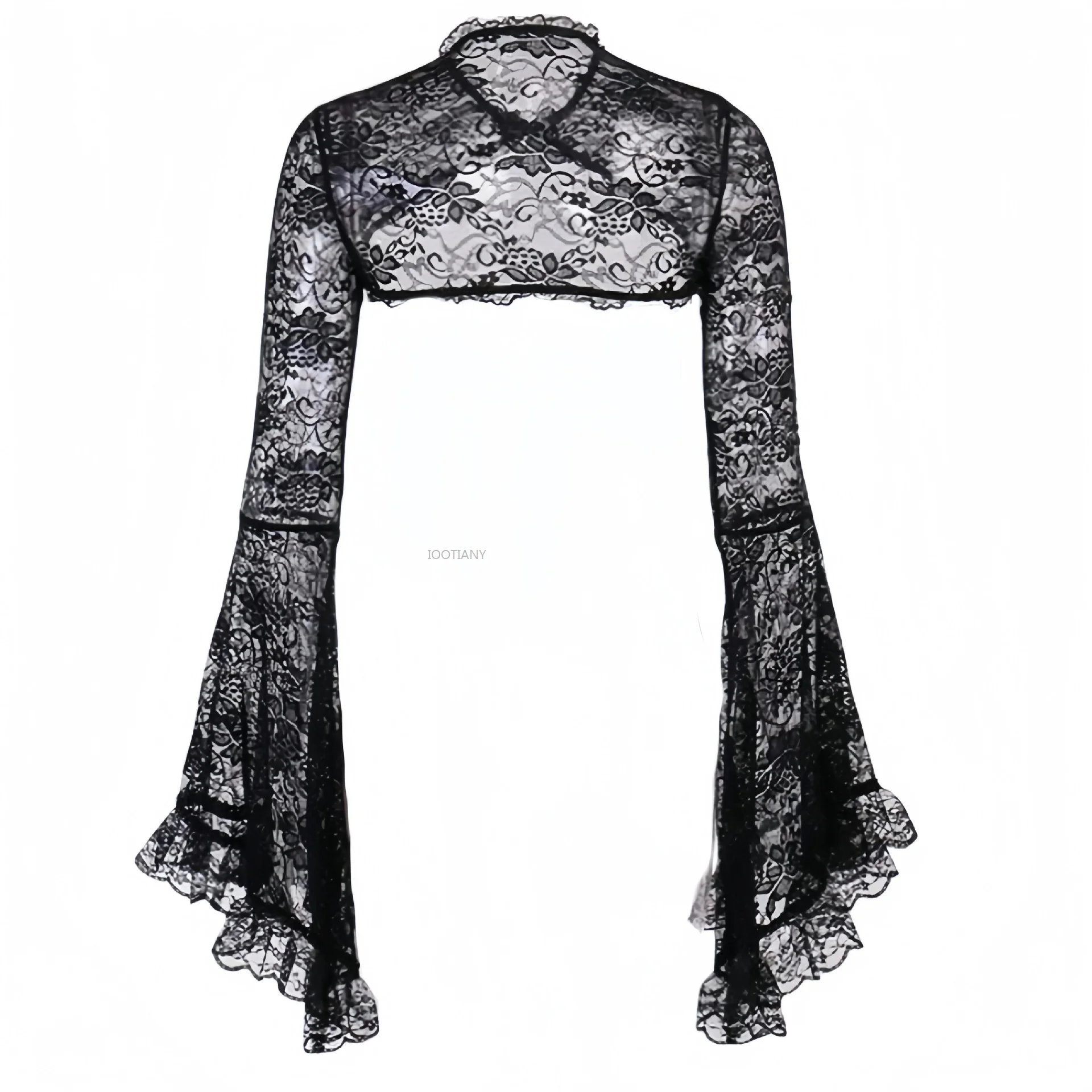 2026 Medieval Gothic Long Sleeve Short Coat Women's Sexy Flared Sleeve Lace Hollow Button Silk Top  Steampunk Blouse