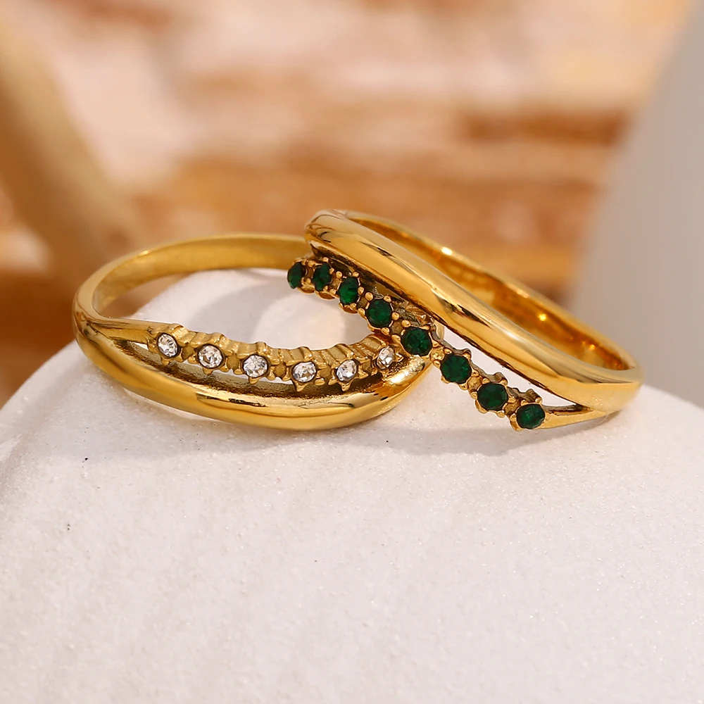 E.B.belle Stainless Steel Jewelry Trendy Micro Paved Rhinestone Multiple Layer Wedding Party Rings For Bridal Gold Plated Ring