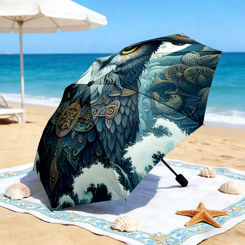 1PC Majestic Owl Umbrella by the Lake Print 8 Iron Ribs Folding Umbrella Auto-Open Fashion Sunshade
