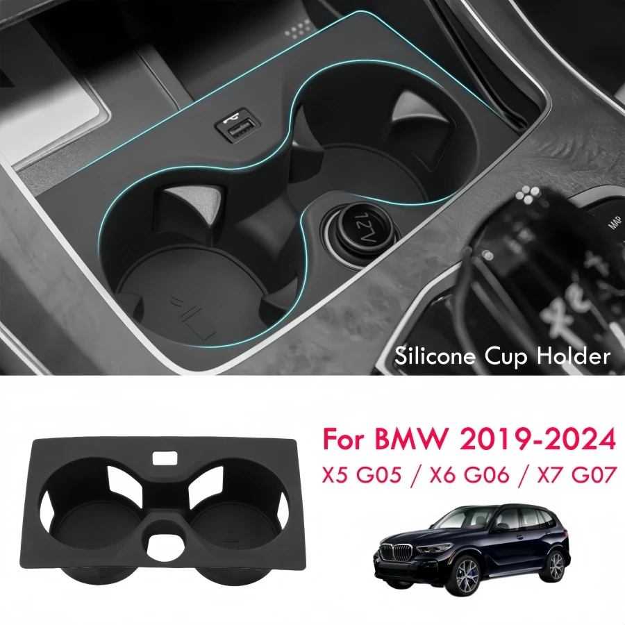 Black Silicone Cup Holder Organizer for BMW X5 G05 / X6 G06 / X7 G07 2019-2024 Noise-Free Water & Dust Proof Insert Drink Holder