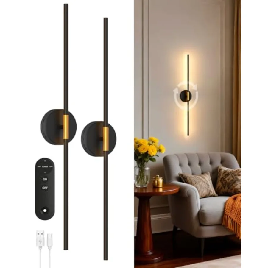 Peel and Stick Wall Sconces, Battery Operated Wall Sconces Set of 2 28.3 inch LED 3000K Rechargeable and Dimmable Wall Lights w