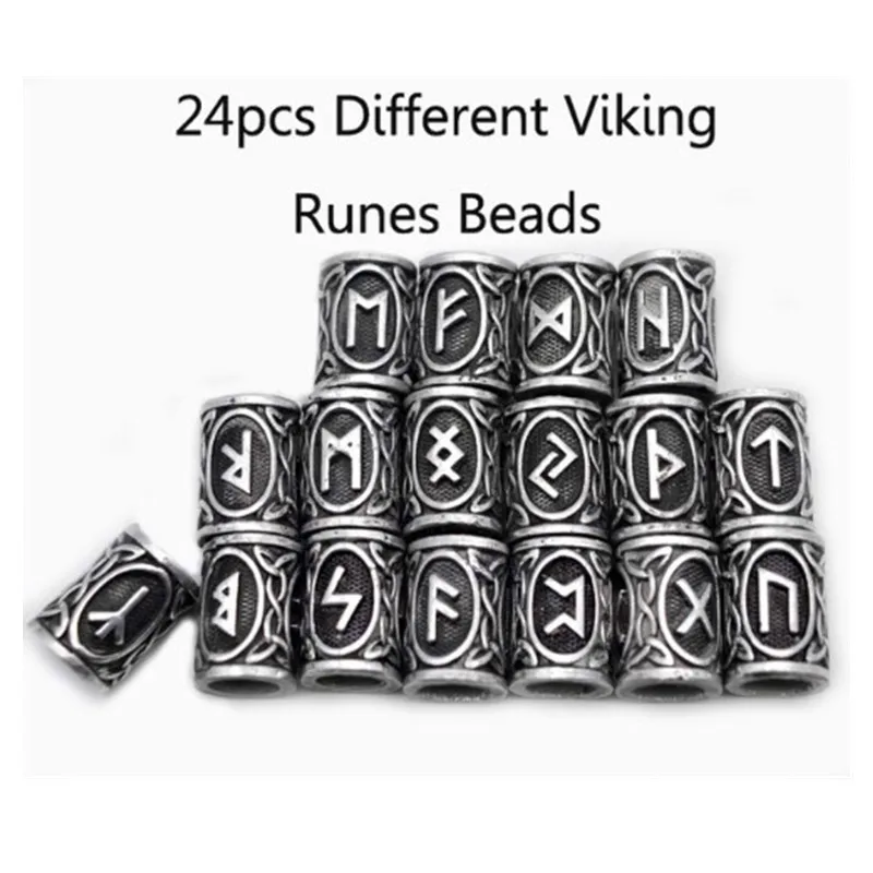 5-24Pcs Fashion Silver Viking Charm Pattern Vintage Beads for Jewelry Making Beard Beads Accessories Carved Rune Beads Hair Bead