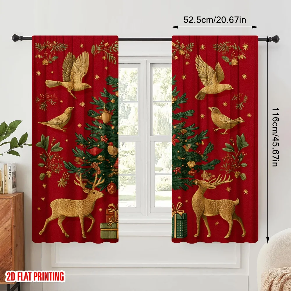 2pcs,2D plane printing Curtains&Window Treatment Reindeer_ Tree_ Presents Versatile Polyester Fabric (without rod) Room Decor