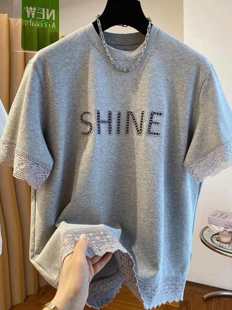 

Summer Korean Oversize Lace T Shirt Women Patchwork Hollow Out Grer Tshirt Loose Ladies Tops