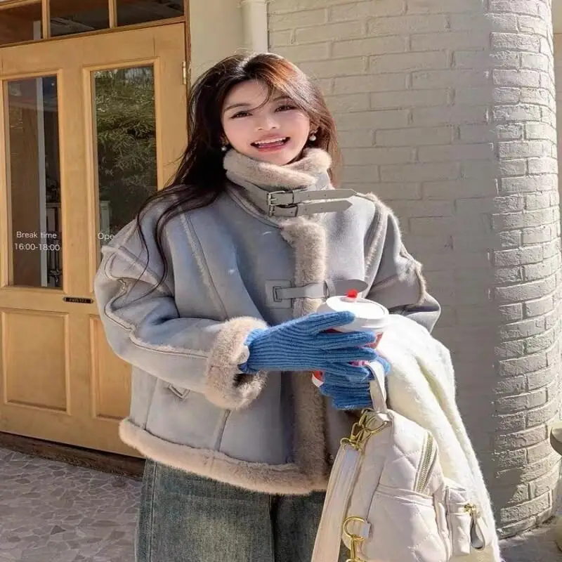 

Women's Autumn and Winter Cotton Padded Jacket Outdoor Daily Wear Blue Faux Mink Fur Lamb Wool Coat New Fashion Super Cute Tops