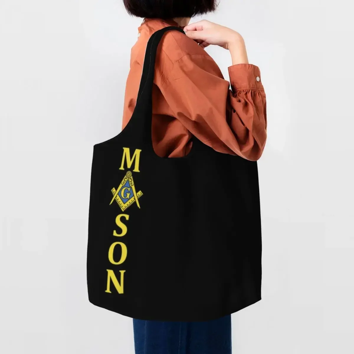 Reusable Freemason Mason Shopping Bag Women Canvas Shoulder Tote  Durable Masonic Freemasonry Groceries Shopper  s Handbag