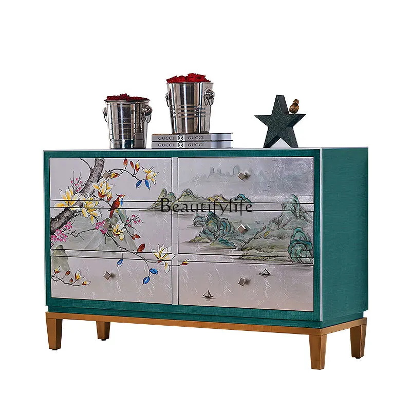 

New Chinese solid wood porch cabinet, retro living room drawer storage, tea painting three or six chest cabinet
